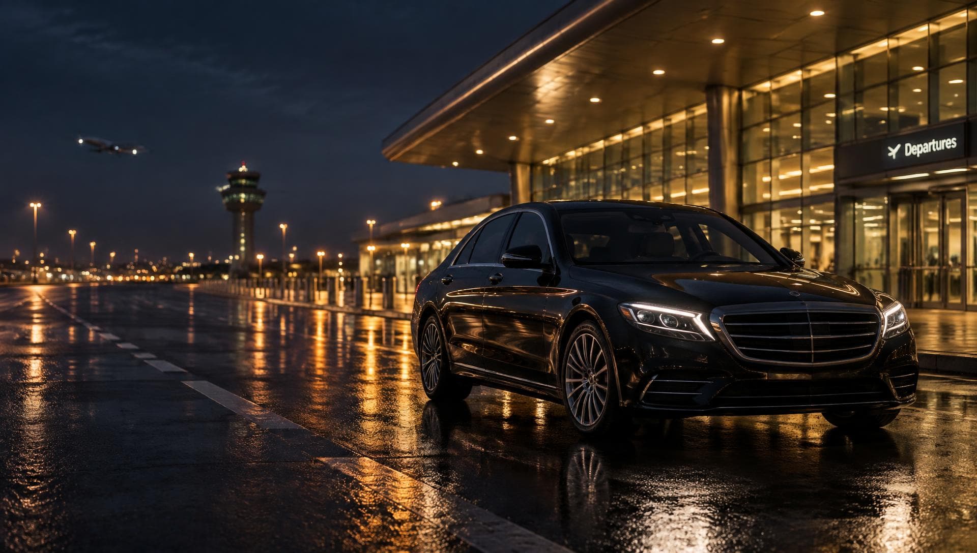 Executive car waiting outside an airport terminal at night