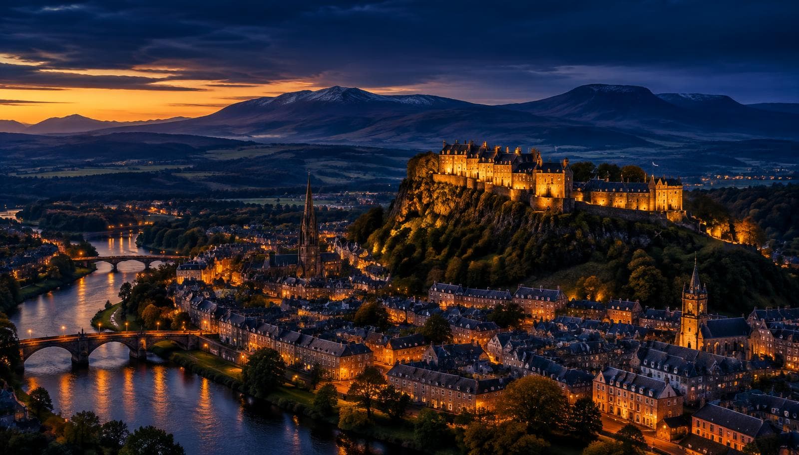 Stirling at dusk with the castle above the town